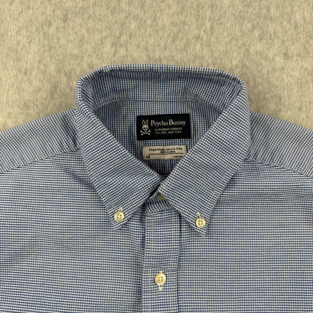 Psycho Bunny Shirt Mens Medium Blue Houndstooth Button Down Preppy Pima Cotton - Picture 4 of 13
